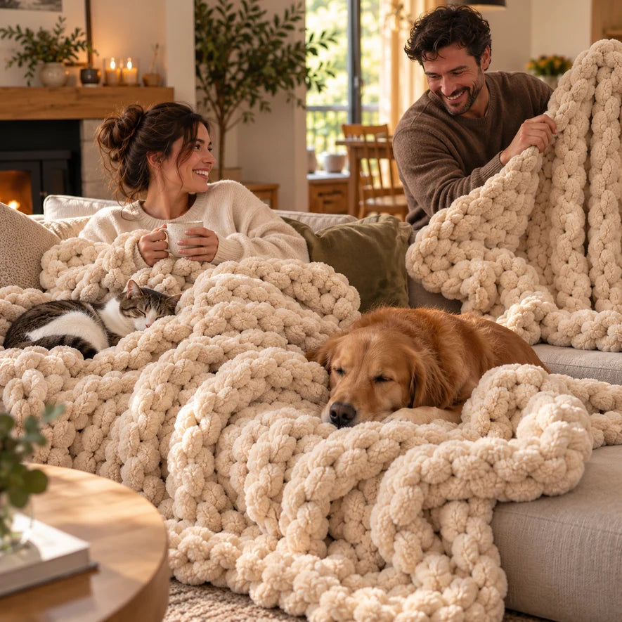 Couple and pets relaxing with cream chunky knit blankets