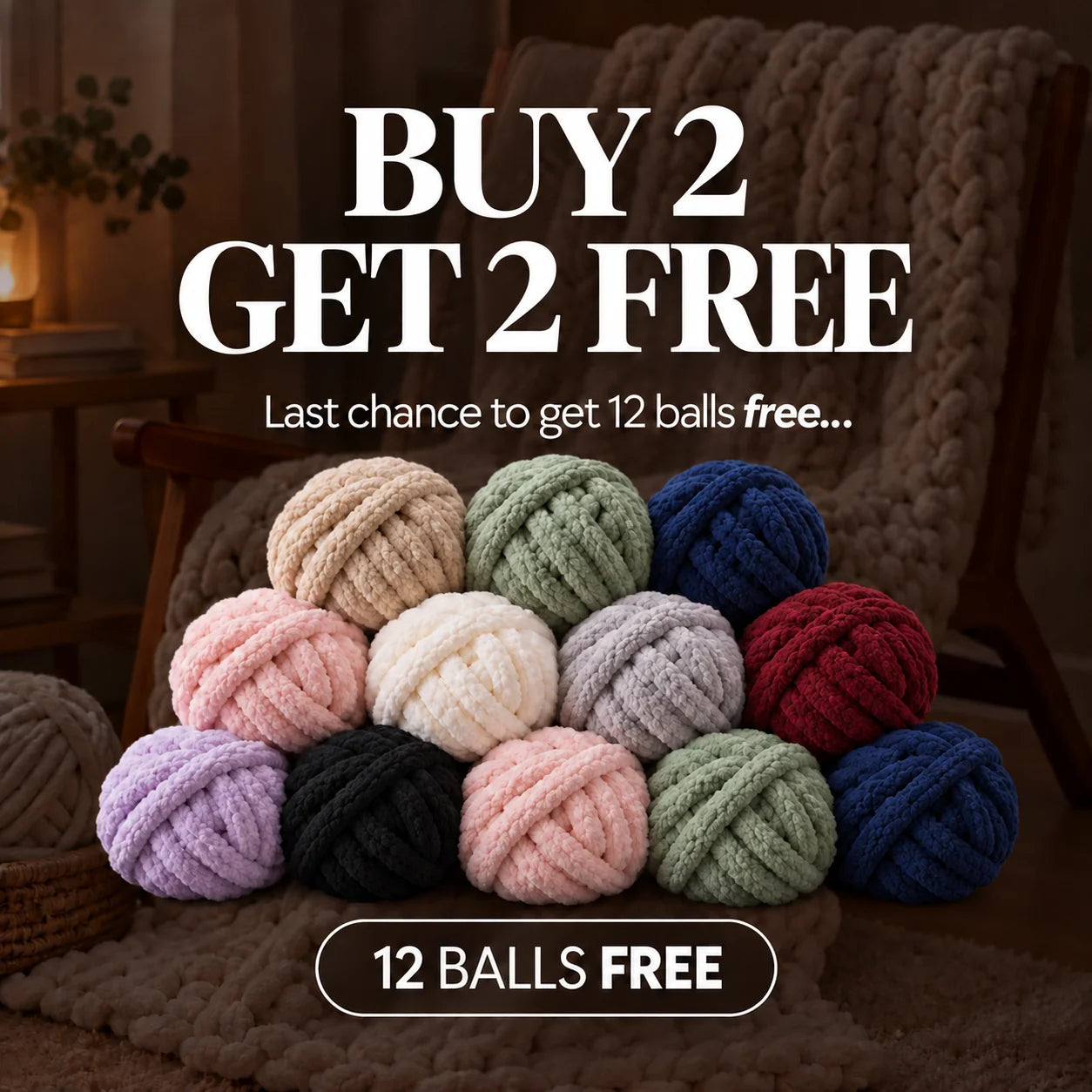 Buy 2 get 2 free: twelve bonus balls of colorful chunky chenille yarn