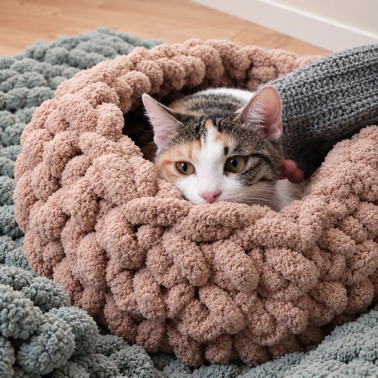 Customer's cat snuggled in a chunky blanket