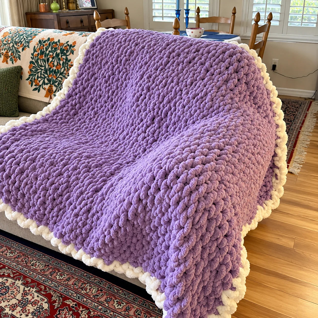 Customer's lavender chunky knit blanket