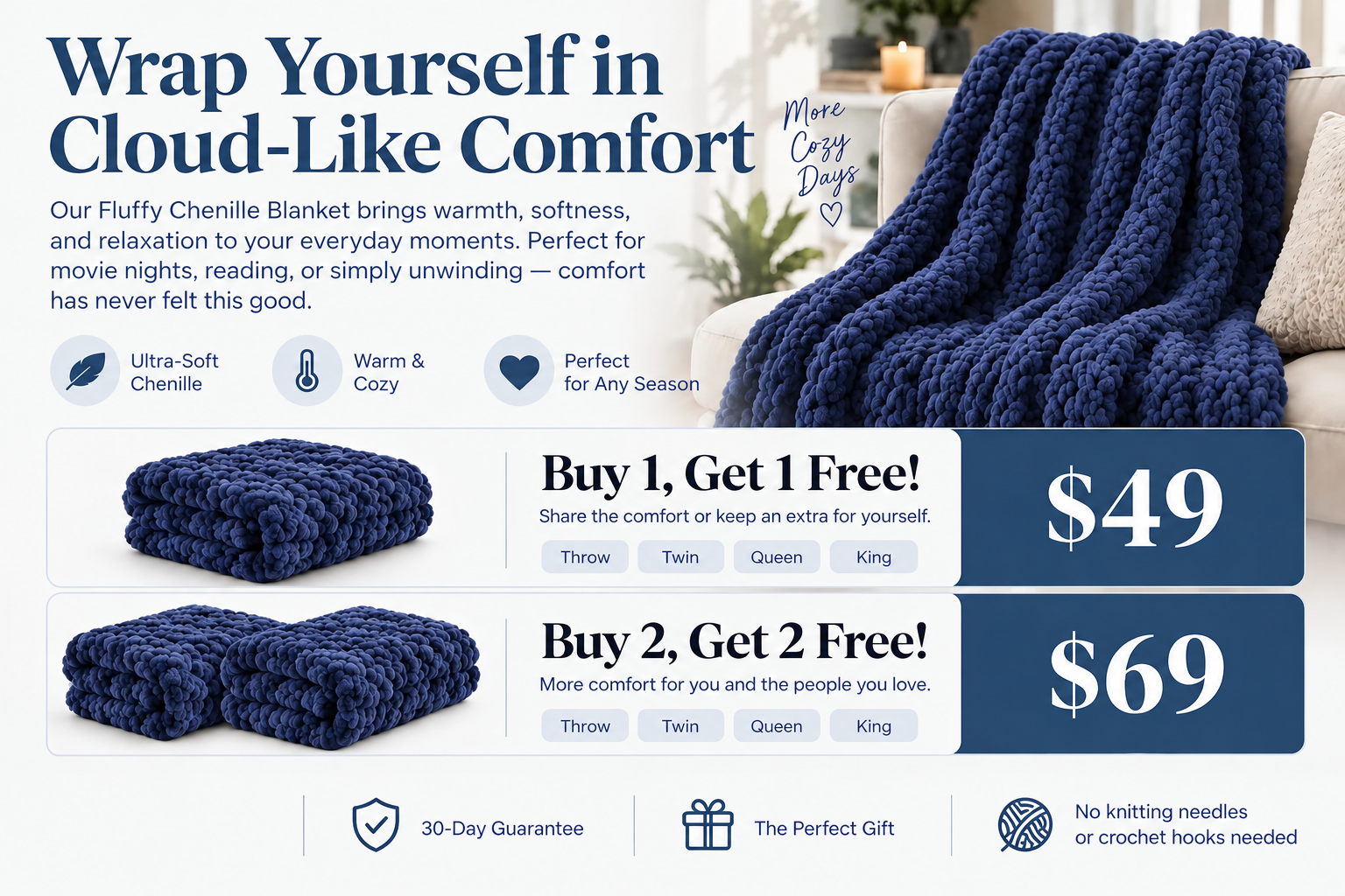 Navy blue chunky chenille blanket with two bundle offers and comfort details