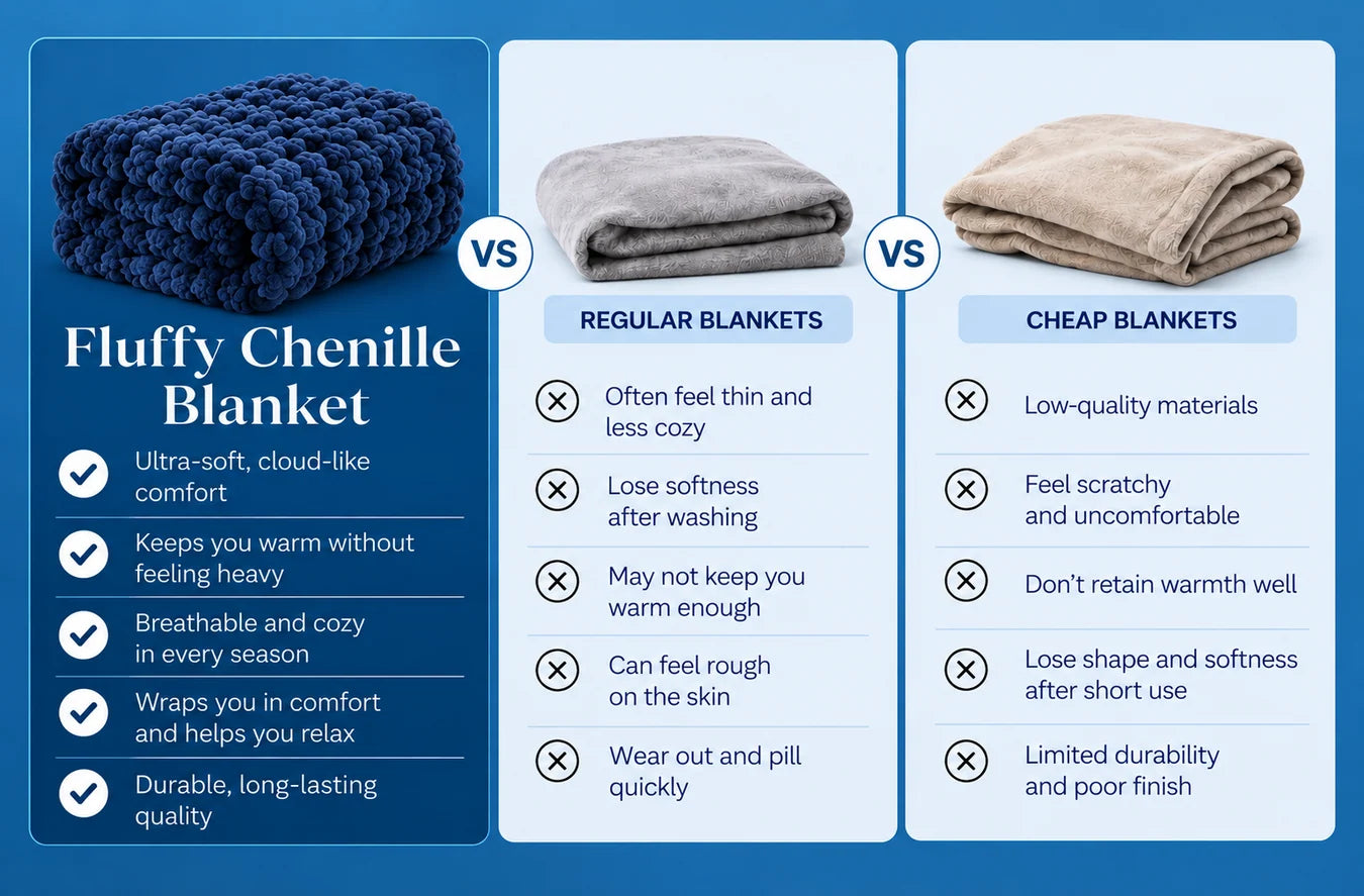 Visual comparison of fluffy chenille yarn with regular blankets