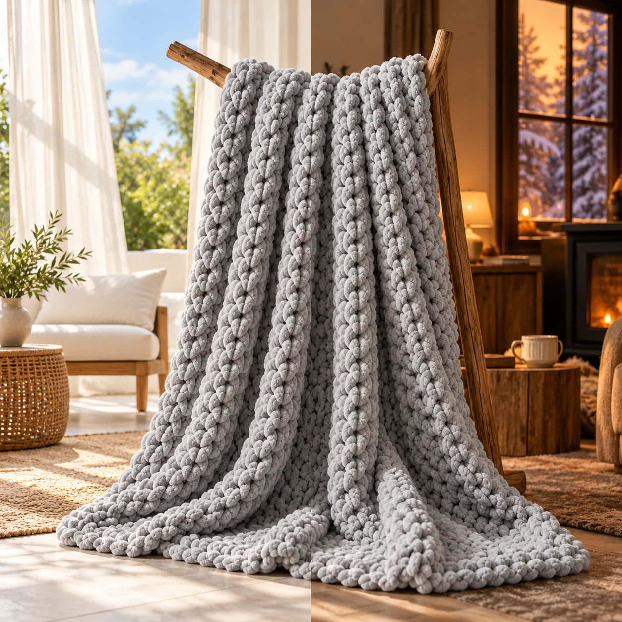 Light grey chunky knit blanket shown in two cozy room settings