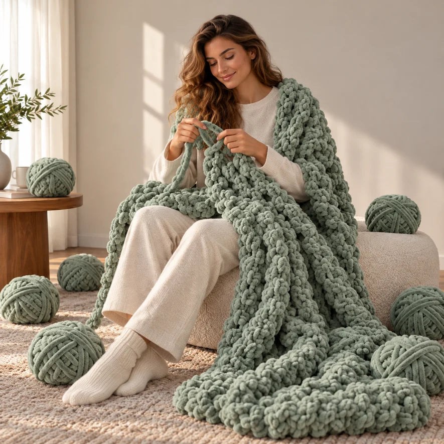 Woman hand-looping sage green chunky chenille yarn