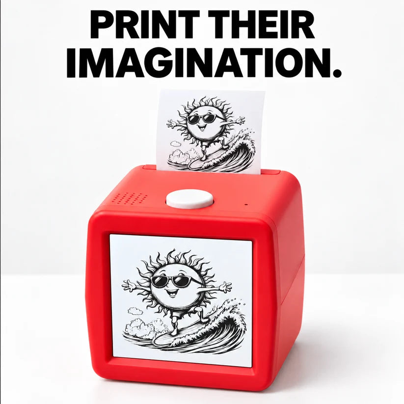 Red Scribbly printer with a surfing sun sticker and the words Print Their Imagination