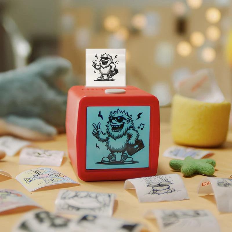 Scribbly printer with a monster sticker surrounded by creative projects