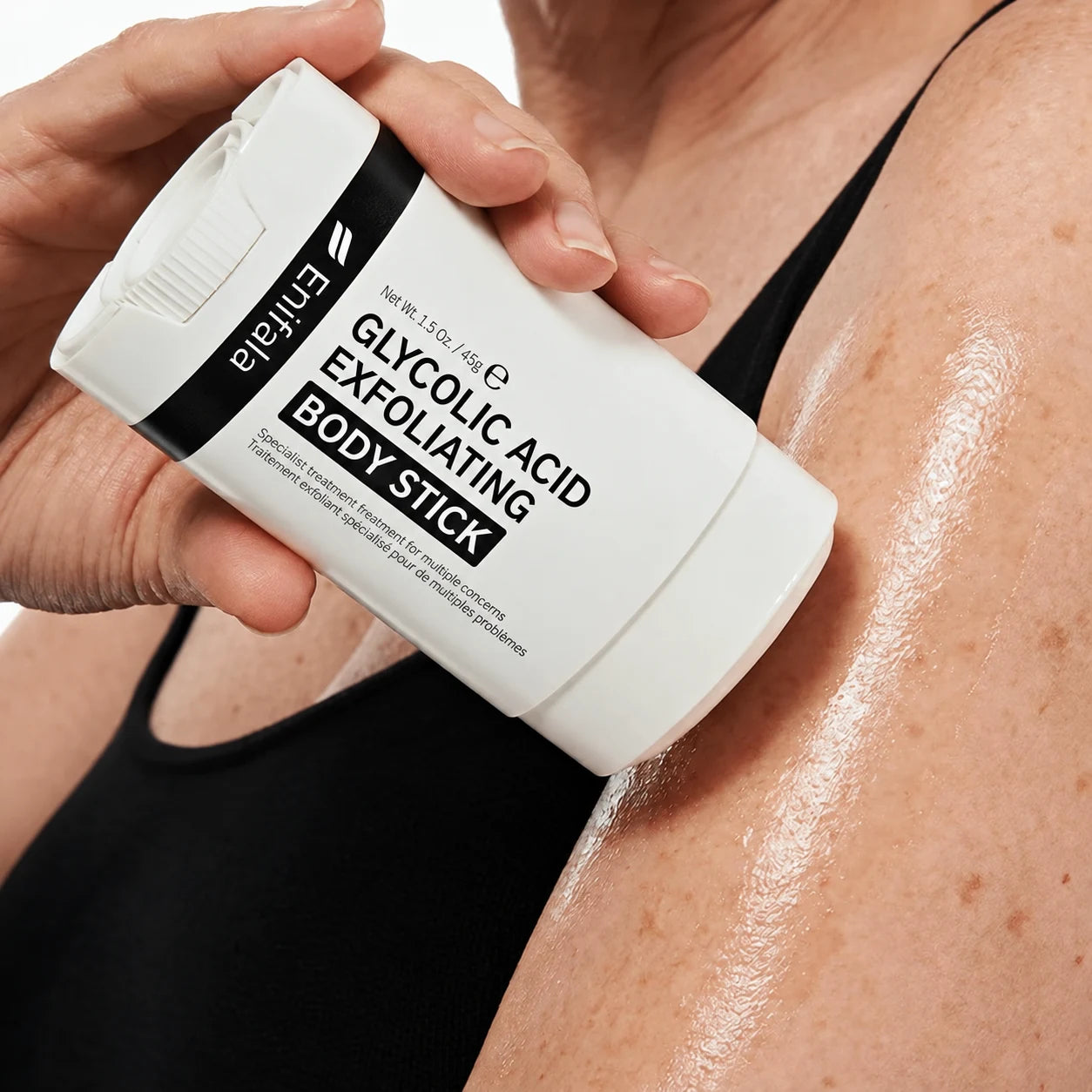 Applying the glycolic body stick directly to the skin