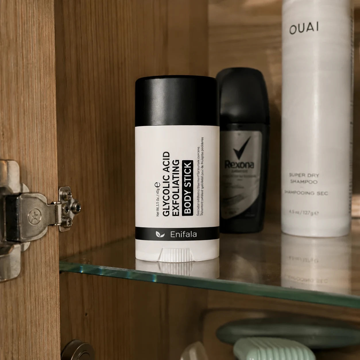 Glycolic body stick stored neatly on a bathroom shelf