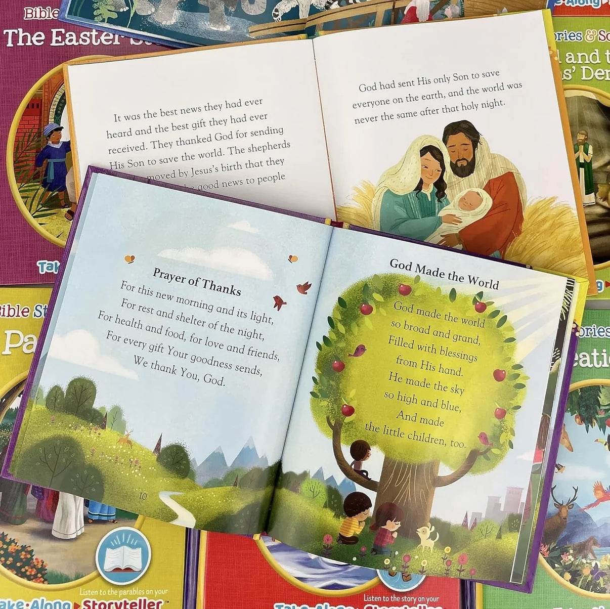Open illustrated Bible story and prayer books included with the player