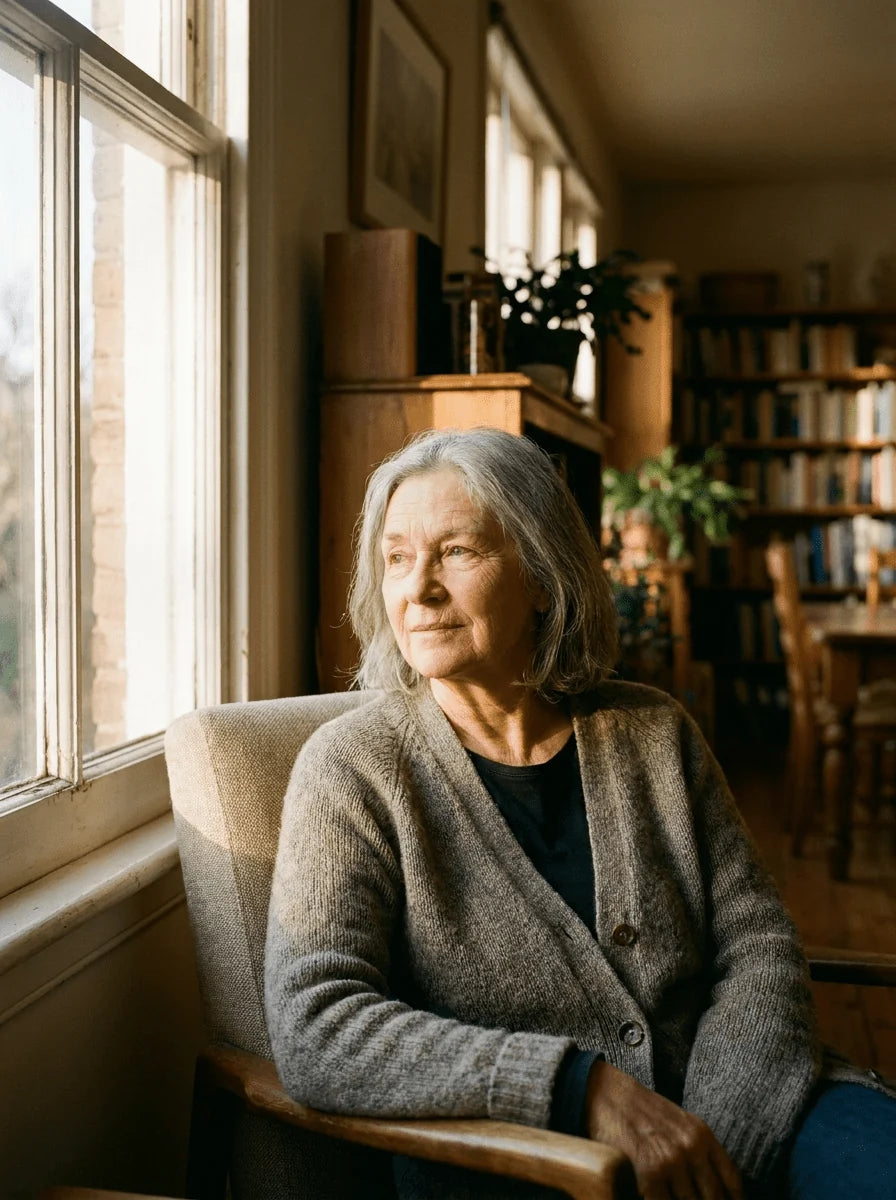 Mature woman seated by a window